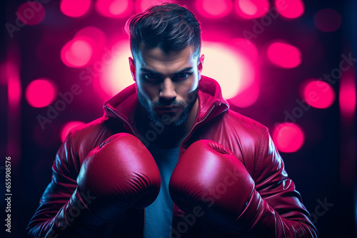 Generative AI photo picture of strong confident professional male boxer on a boxing ring © Tetiana