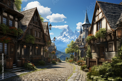 Medieval village background environment for computer mobile game generative AI picture photo