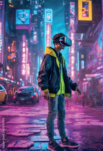 man in vr glasses man in vr glasses young man with virtual reality glasses and a backpack on the background of the city