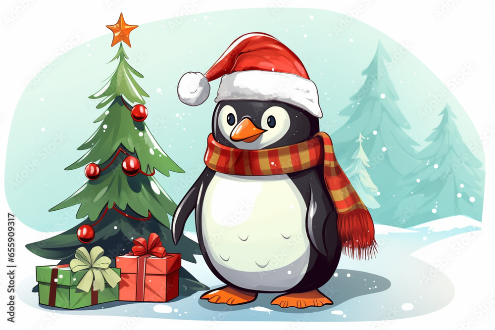 cartoon penguin in a beanie and next to a decorated Christmas tree and gifts cartoon penguin in a beanie and next to a decorated Christmas tree and gifts