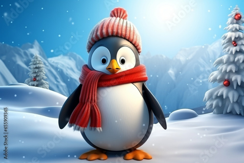 cartoon penguin in a hat and scarf on the background of a snowy landscape