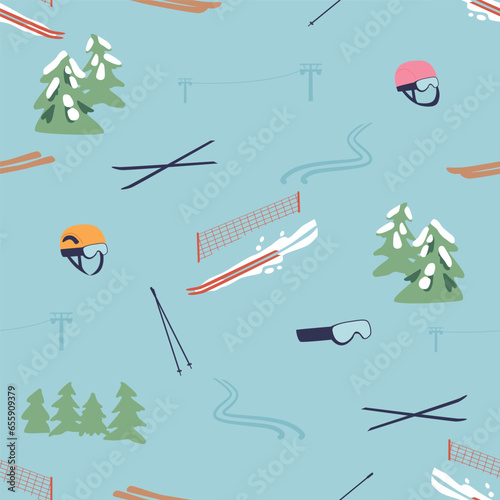 Seamless Pattern Featuring Mountain Slalom Items, Skis, Poles, Against A Snowy Backdrop. Cartoon Vector Illustration