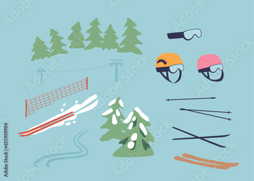 Mountain Slalom Items Sturdy Skis, Agile Poles, And A Snug-fitting Helmet, Glasses And Snowboards, Vector Illustration