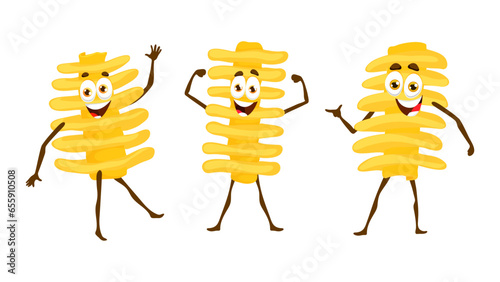 Cartoon radiatori Italian pasta cheerful character. Italian restaurant wheat meal cheerful mascot, radiatori raw noodle dish or Italy cuisine menu classic pasta isolated vector funny personages