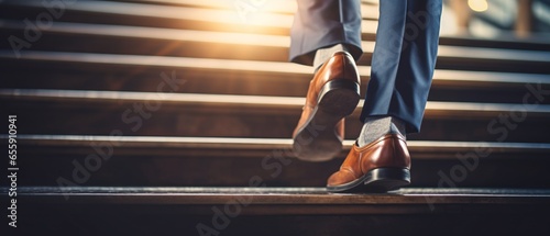 Close-up of a businessman's shoes sprinting up the stairs 