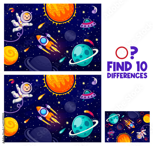Find ten differences in solar system landscape with cartoon astronaut, alien and rocket, vector kids quiz game. Outer space planets and galaxy UFO starship on worksheet to match and find differences