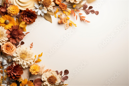 Stylish autumn flat lay. Colorful autumn flowers composition on white background with copy space