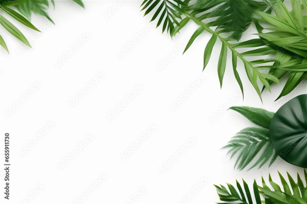 green tropical palm leaf branches on white background. flat lay, top view green tropical palm leaf branches on white background. flat lay, top view