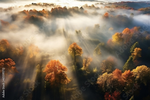 Aerial view of a beautiful forest in fog at sunrise in autumn.