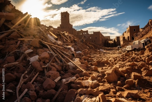 Earthquake Chaos. Aftermath of a Tremor with Damaged Houses and Cars. Emergency Response in Action photo