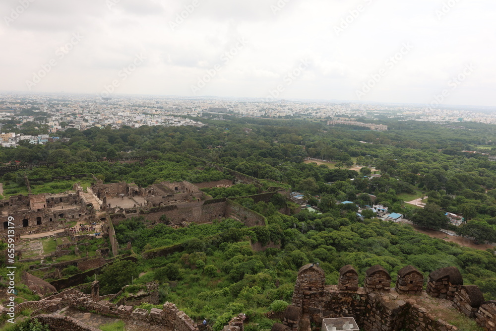 The fort town Golkonda of Hyderabad of Telangana in India is in ruin