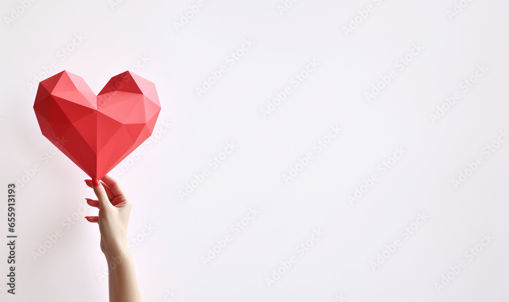 woman holding a low poly red heart on white background