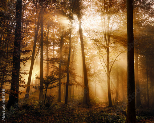 Glowing golden sunlight beautifully illuminating the moody mist in a forest in autumn, with tree silhouettes and dreamy mood  © Smileus