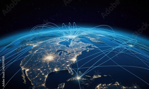 Earth in Space. Blue Lines connect Las Vegas, USA with Cities across the World. Global Travel or Business Concept, Generative AI photo