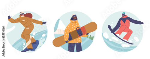 Isolated Round Icons or Avatars of People in Winter Clothes Snowboarding Sparetime. Male Female Snowboard Riders
