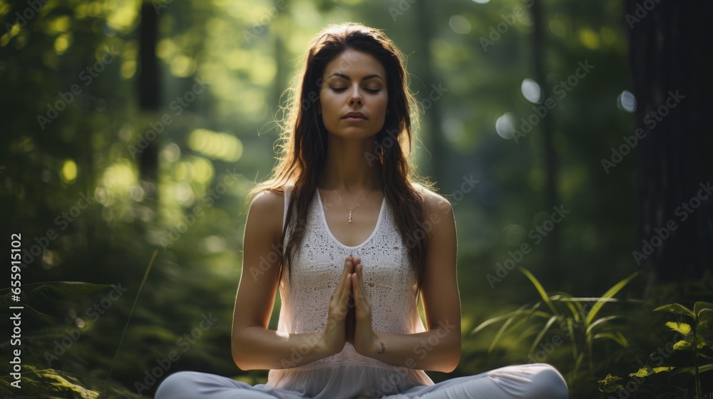 Forest Meditation Serenity. In the Heart of Nature, a Woman Practices Meditation, Yoga, and Focused Breathing, Finding Peace and Tranquility in the Forest's Embrace. Nature's Rejuvenation AI Generativ Forest Meditation Serenity. In the Heart of Nature, a Woman Practices Meditation, Yoga, and Focused Breathing, Finding Peace and Tranquility in the Forest's Embrace. Nature's Rejuvenation AI Generativ