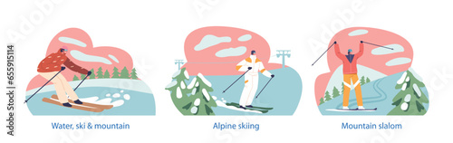 Isolated Elements with Skilled Athletes Male and Female Characters Maneuvers A Mountain Slalom, Carving Their Way