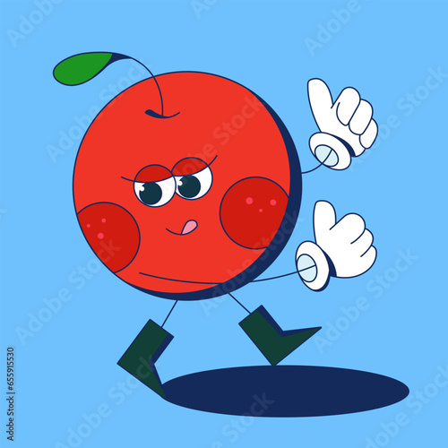 Cute red fruit walks happily. Live vegetables, fruits. Modern cartoon flat style.