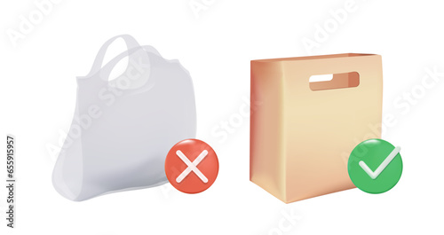 3D Pollution problem concept. Say no to plastic bags, bring your own textile bag. Cartoon styled images with signage calling for stop using disposable polythene package. 3D Paper package vector