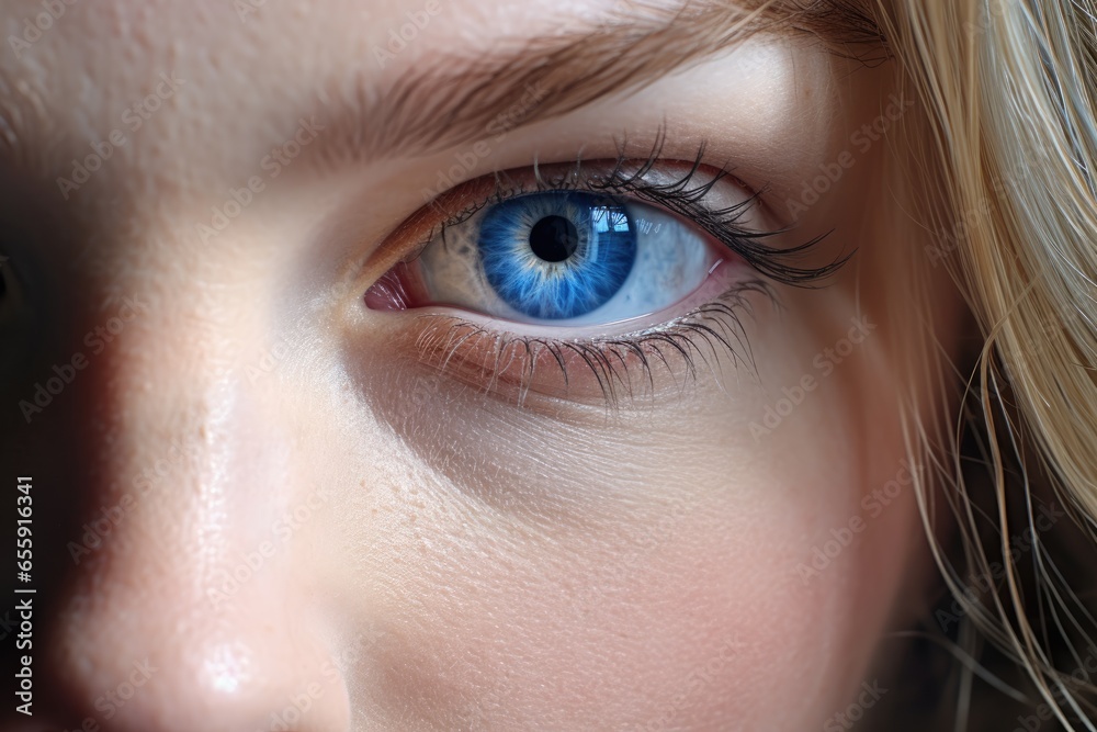 A Captivating Close-Up of a Woman's Blue Eyes Draws You In with Intense Beauty and Expressive Depth. Entrancing Beauty 
