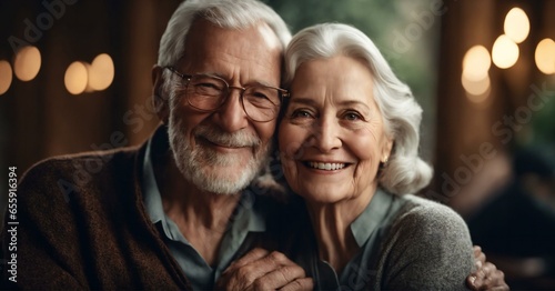 Elderly Senior couple embracing and smiling looking at the camera