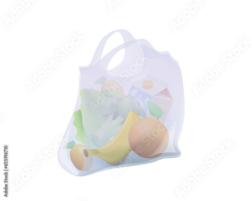 3D Illustration Featuring Different Ways to Store Food. Goods in plastic package bag. Transparent plastic bag with food 3D icon