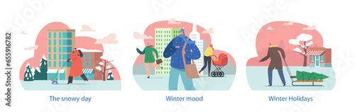 Isolated Elements with Characters at Winter Rush On City Street with Frosty Air, And Bustling Crowds Vector Illustration