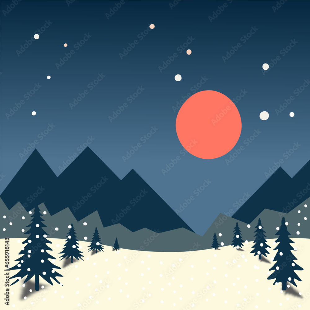 Fototapeta premium Winter snow Christmas landscape background. Flat Vector illustration.