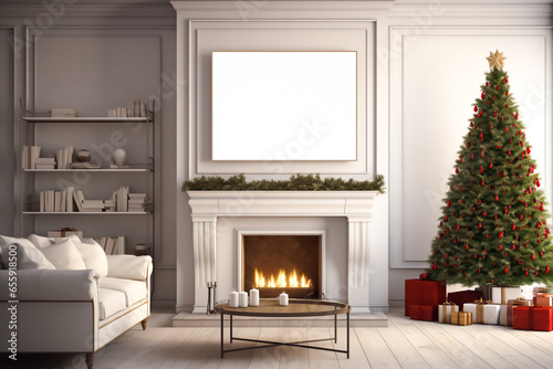 Christmas background of a bright living room. Stylish interior design. A fireplace with a Christmas tree and Christmas decorations, gifts. Modern poster mockup, space for text