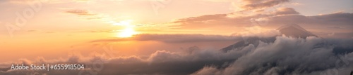 Sunrise over mount Agung and lake Batur, panoramic picture