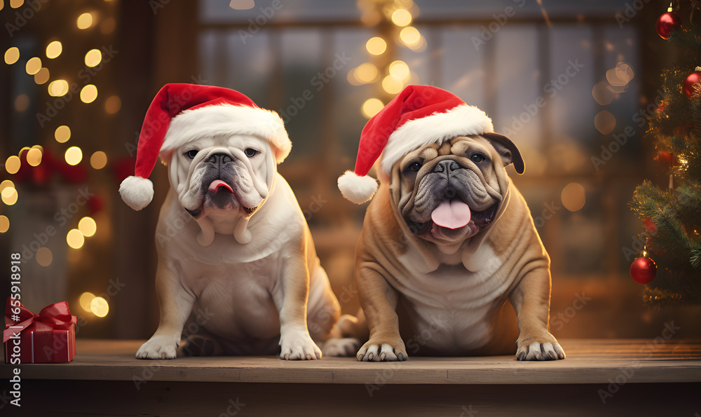 Dois cachorros da raça Buldogue com gorro de Papai Noel