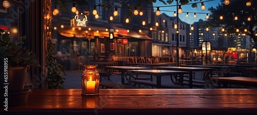 City nightlife. Empty wooden table in cafe. Sipping in shadows. Night at bar. Urban elegance. Modern experience. Quiet evening photo