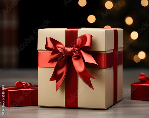 Presente de Natal embalado com fita vermelha