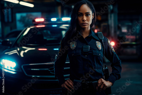 An African American Woman Police Officer, with Sirens Blaring in the Police Car Background, Represents Empowerment, Dedication, and Respect in Law Enforcement. Women in Power