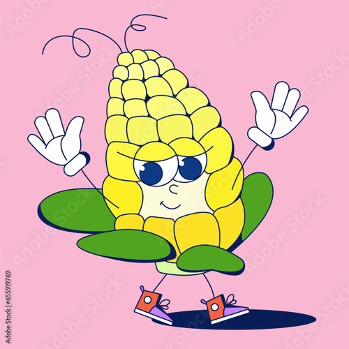 Cute corn walks happily. Live vegetables, fruits. Modern cartoon flat style.