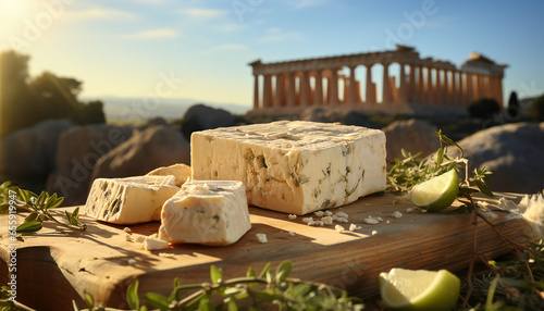 Still life of greek feta cheese and lemon in a wood plank together a ancient ruins as the Parthenon photo