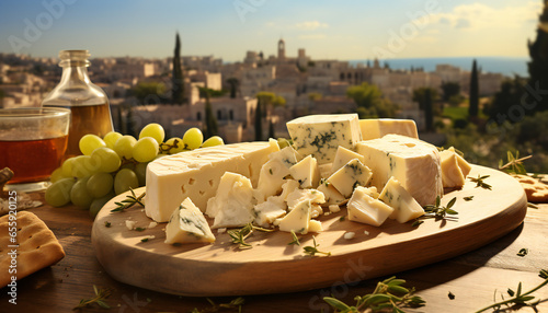 Still life of greek feta cheese with a mediterranean city at background a sunny day photo