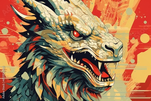 stylized illustration with head of powerful magic dragon close-up view, ai tools generate image © whitehoune