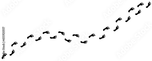Human footprint. Path of human bare feet. Road of steps. Person walks barefoot. Silhouette. Vector isolated on white. Diagonal path. Drunk staggering man. For print, textile, postcard, design, games