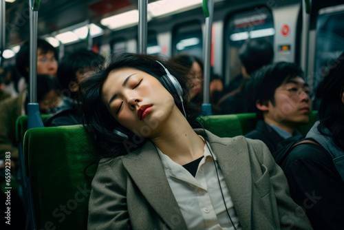Urban Fatigue Relief. Exhausted Chinese Woman Finds Peaceful Sleep on the Subway, Listening to Music. Commuter's Tranquility
