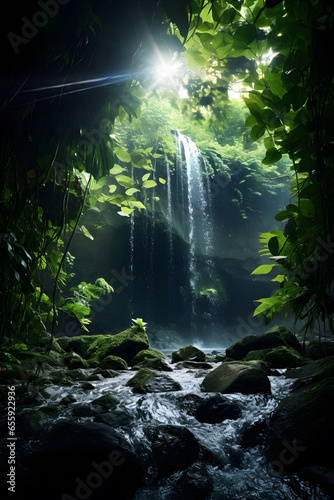 Scene under the waterfall and beautiful nature. Tree view.
