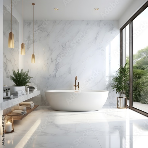 Elegant White Marble Bathroom with Classic Tub