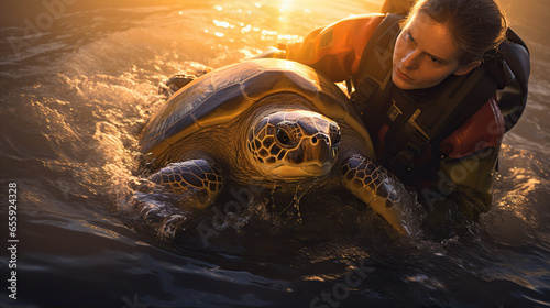 Sunlight dances on the surface of water as a rescuer releases a turtle back into its natural habitat after a successful rescue photo