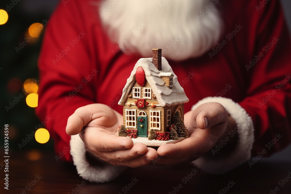 santa claus hand hold a miniature house - obrazy, fototapety, plakaty 