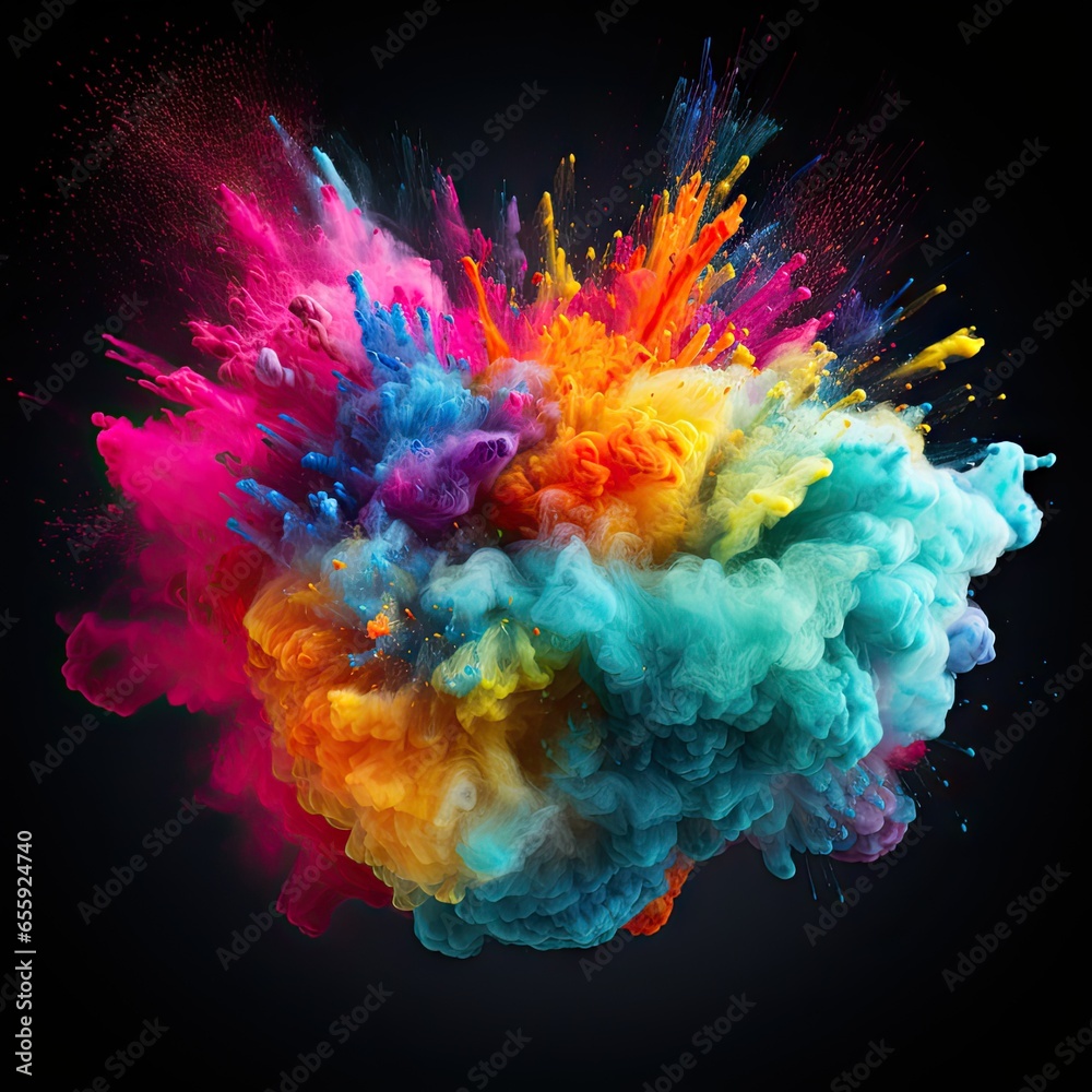 Obraz premium An explosion of colorful dust spreads in all directions on a black background. AI generated illustration.