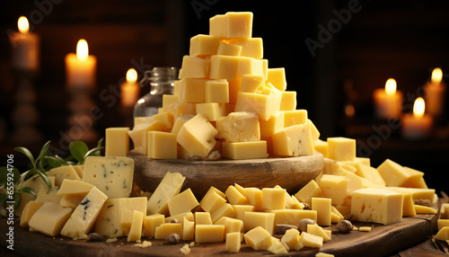 Pieces of different types of cheese on a mountain photo