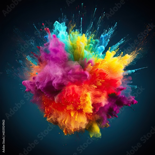 An explosion of colorful dust spreads in all directions on a black background. AI generated illustration. photo