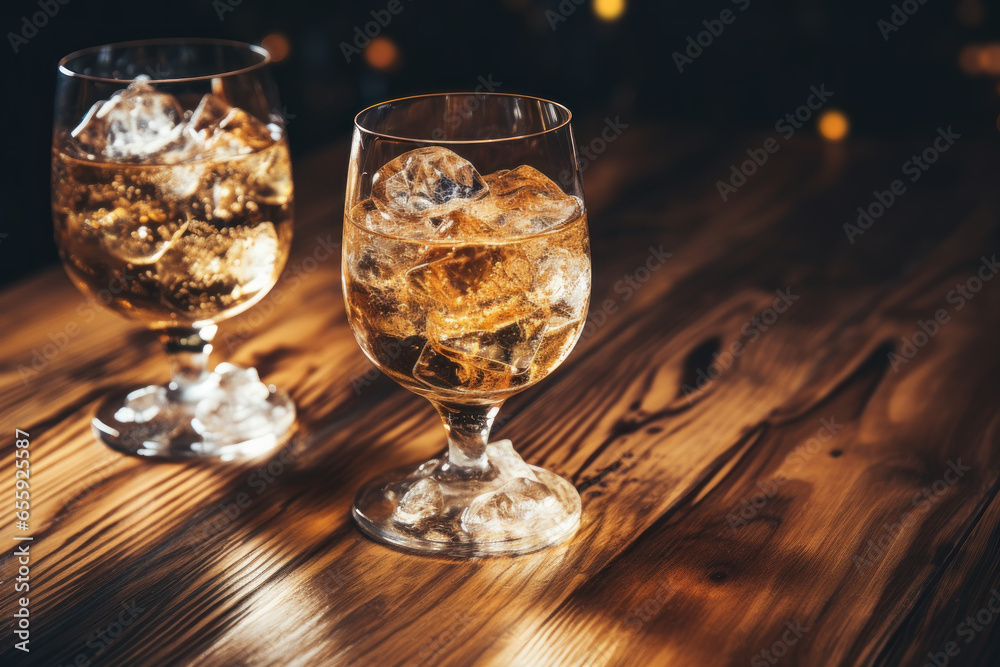 Champagne with ice cubes in glasses on wooden table