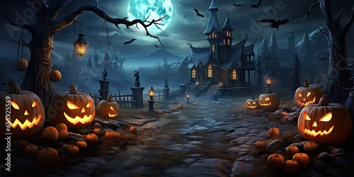 Fantasy spooky halloween night. Beware haunted house. Eerie forest adventures. Trick or treat. Midnight delight. Creepy castle in moonlight photo