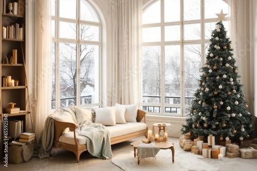 Christmas decor. Bright interior of the living room with large Windows  elegant Christmas tree with toys and garlands and a soft cozy sofa.generative ai.